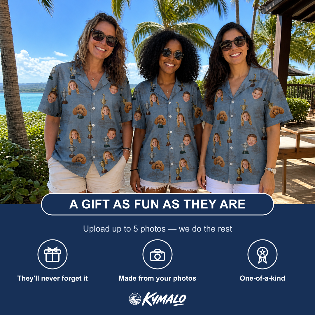 Friends in matching Women's Ace Accolades Custom Face Hawaiian Shirt — a group gift photo