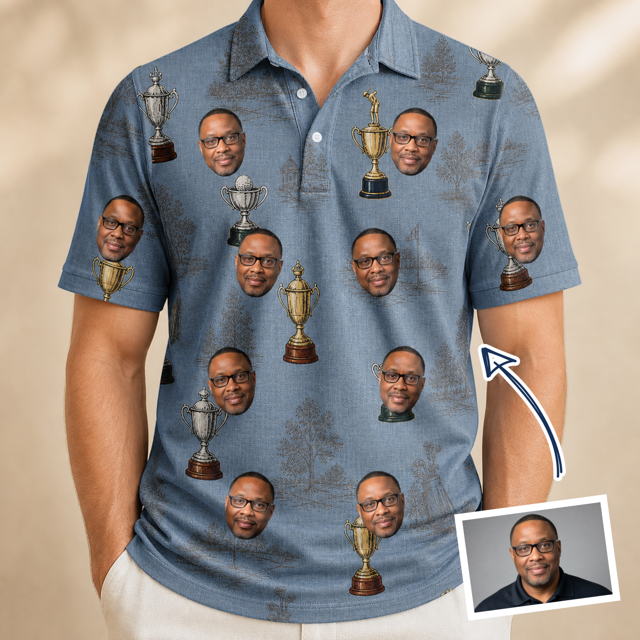 Man wearing Men's Ace Accolades Custom Face Polo Shirt — custom faces printed all-over