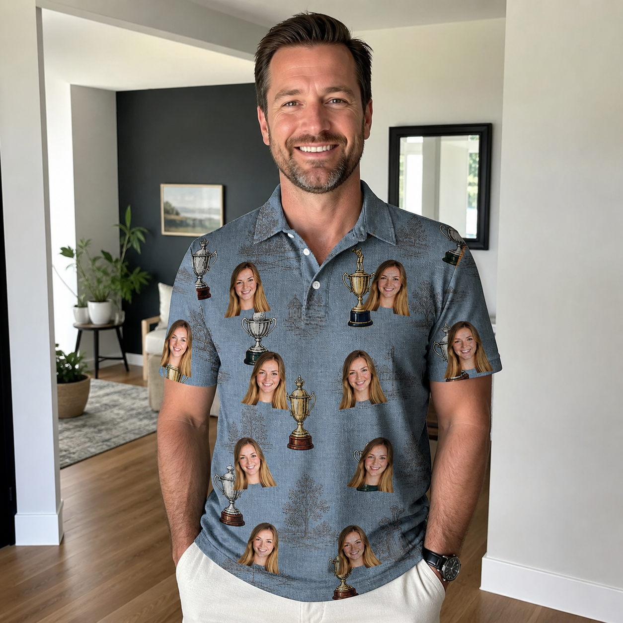 Real-life photo of someone wearing Men's Ace Accolades Custom Face Polo Shirt — custom faces printed all-over
