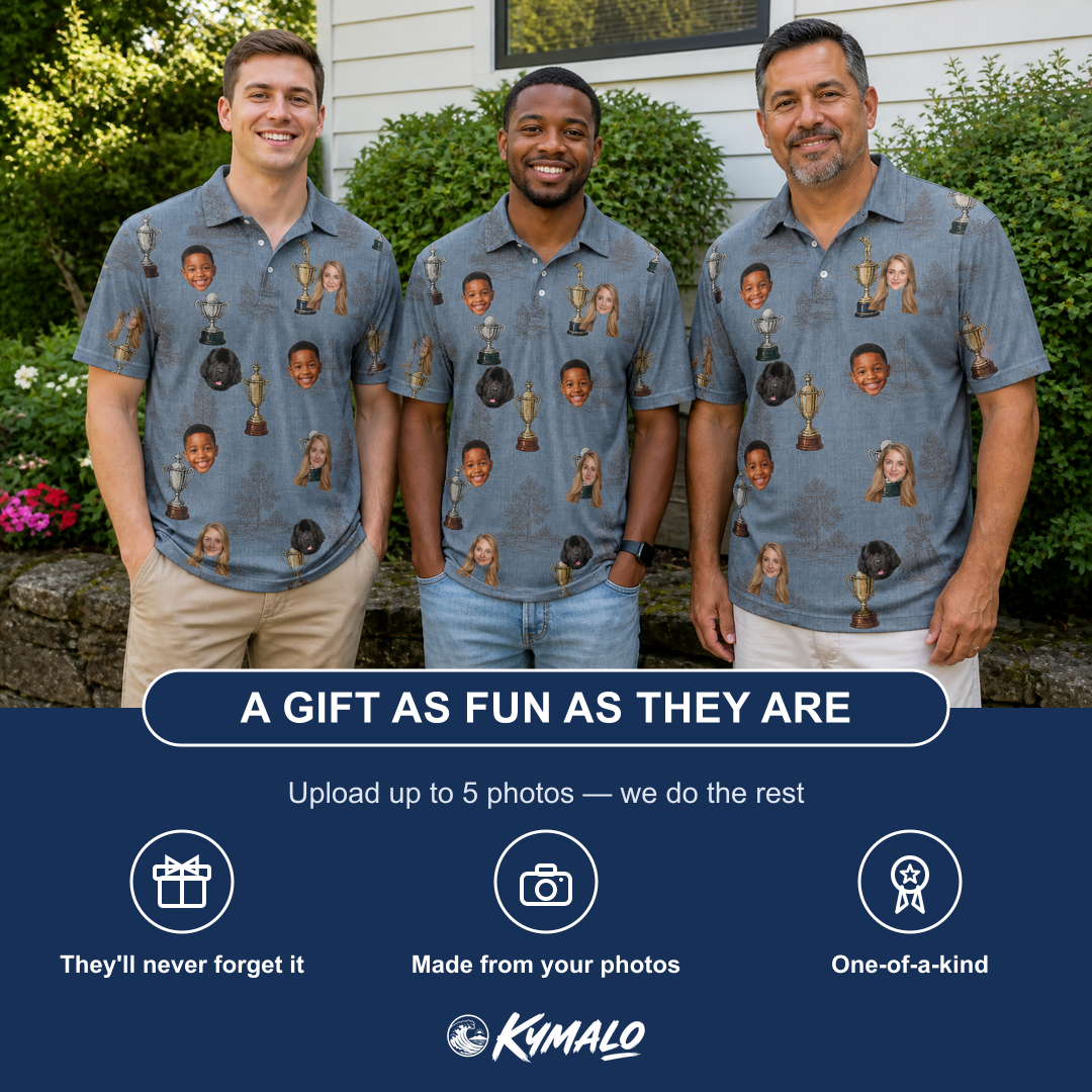 Friends in matching Men's Ace Accolades Custom Face Polo Shirt — a group gift photo