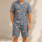 Model wearing Men's Ace Accolades Custom Face Shirt & Shorts Set printed with kids' faces