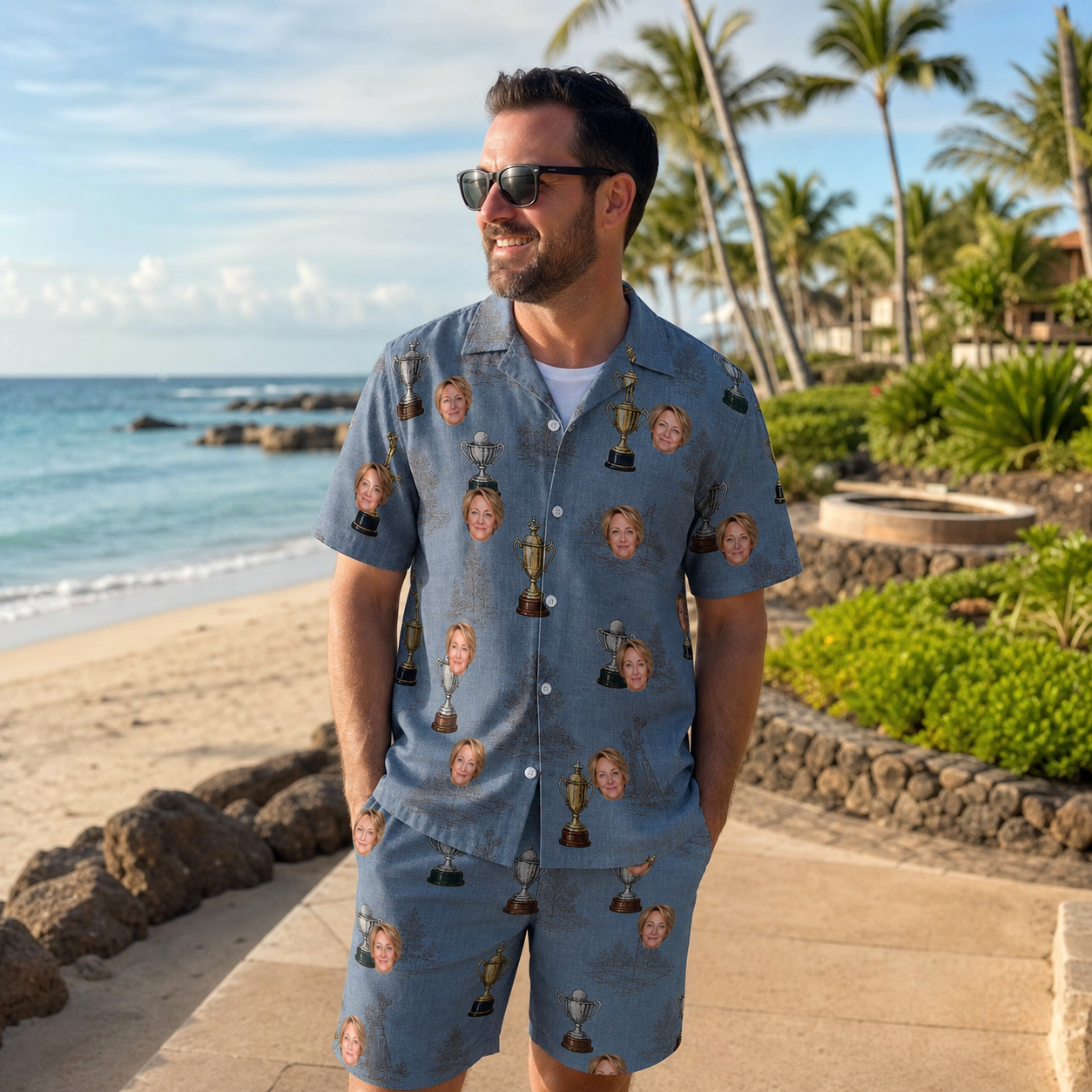 Real-life photo of someone wearing Men's Ace Accolades Custom Face Shirt & Shorts Set — custom faces printed all-over