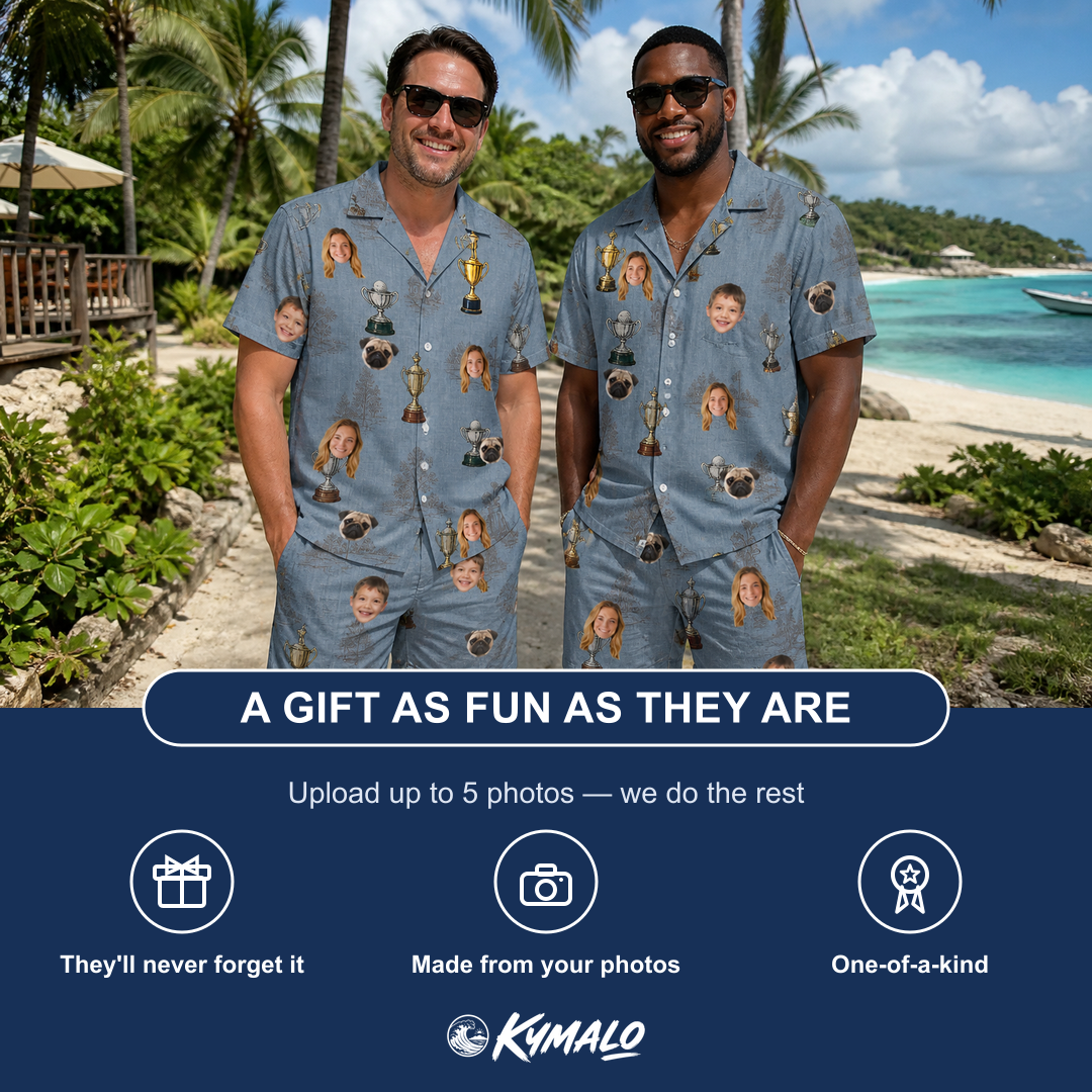 Friends in matching Men's Ace Accolades Custom Face Shirt & Shorts Set — a group gift photo