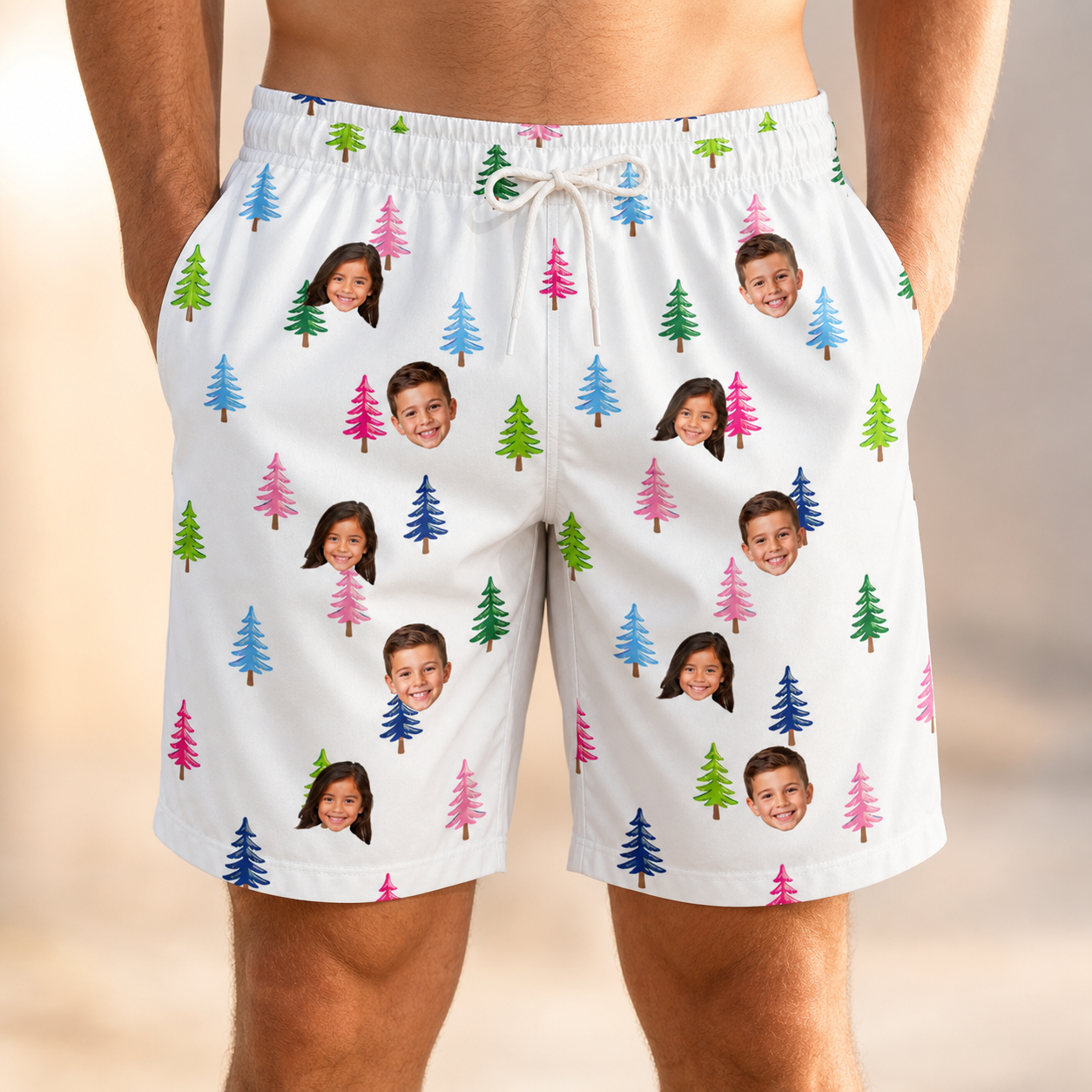 Model wearing Men's Cedar Caddie Custom Face Beach Shorts printed with kids' faces