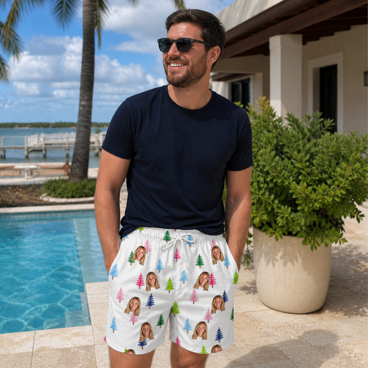Real-life photo of someone wearing Men's Cedar Caddie Custom Face Beach Shorts — custom faces printed all-over