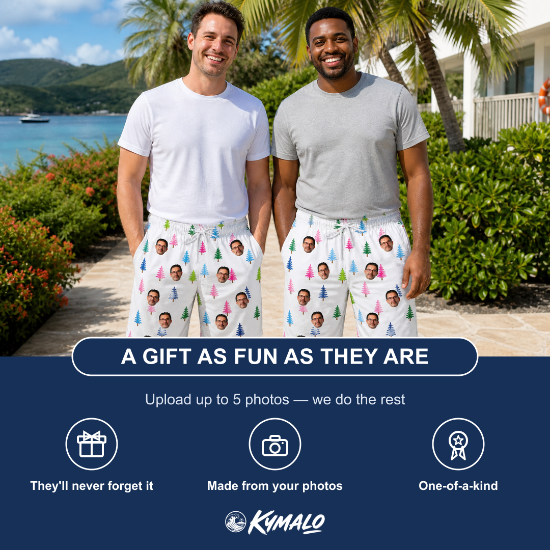 Friends in matching Men's Cedar Caddie Custom Face Beach Shorts — a group gift photo