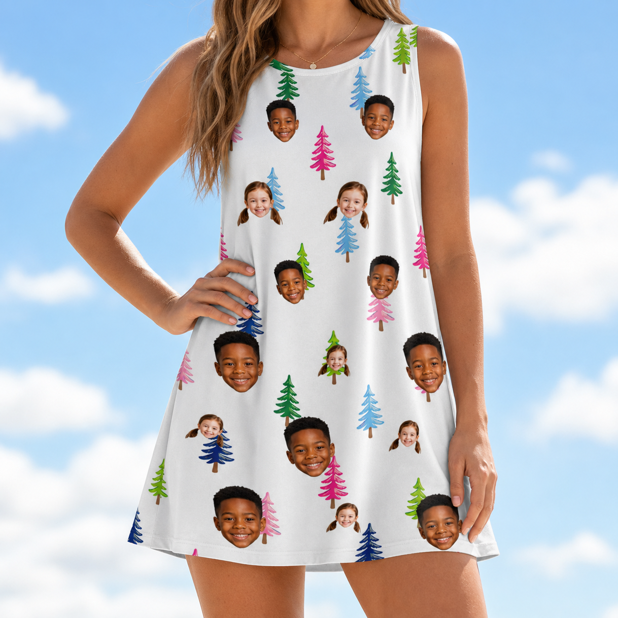 Model wearing Women's Cedar Caddie Custom Face Tank Dress printed with kids' faces