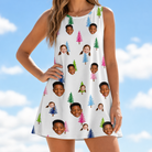Model wearing Women's Cedar Caddie Custom Face Tank Dress printed with kids' faces