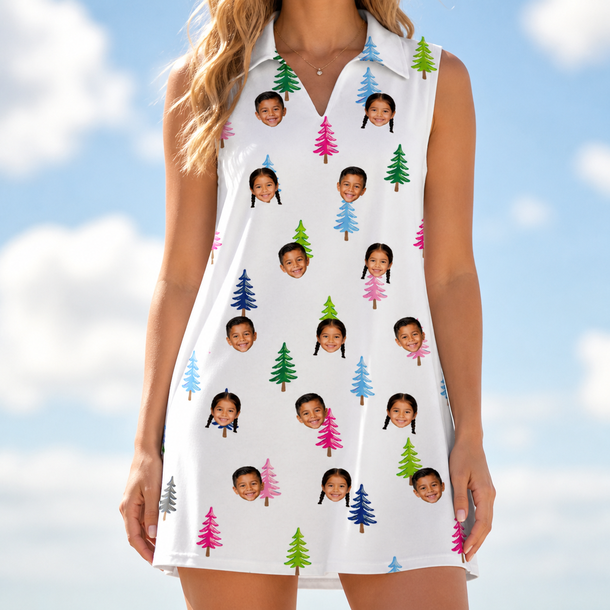 Model wearing Women's Cedar Caddie Custom Face V-Neck Dress printed with kids' faces