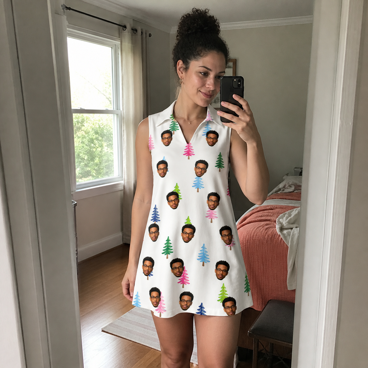 Real-life photo of someone wearing Women's Cedar Caddie Custom Face V-Neck Dress — custom faces printed all-over