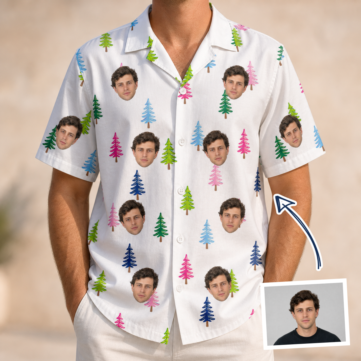 Man wearing Men's Cedar Caddie Custom Face Hawaiian Shirt — custom faces printed all-over