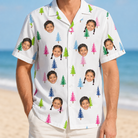 Model wearing Men's Cedar Caddie Custom Face Hawaiian Shirt printed with kids' faces
