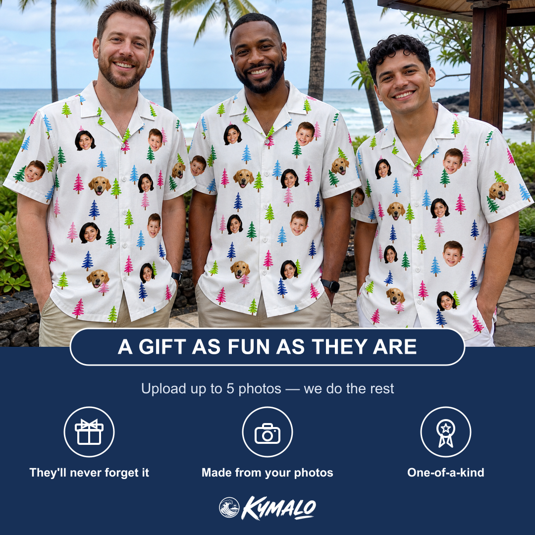 Friends in matching Men's Cedar Caddie Custom Face Hawaiian Shirt — a group gift photo