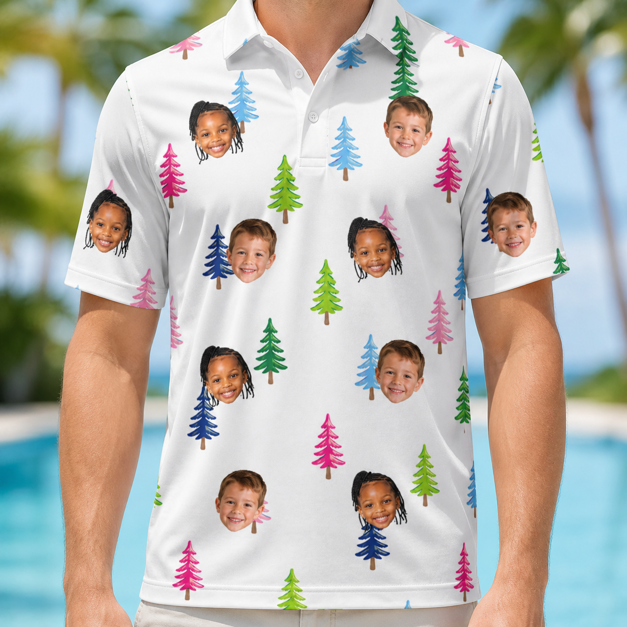 Model wearing Men's Cedar Caddie Custom Face Polo Shirt printed with kids' faces