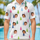 Model wearing Men's Cedar Caddie Custom Face Polo Shirt printed with kids' faces