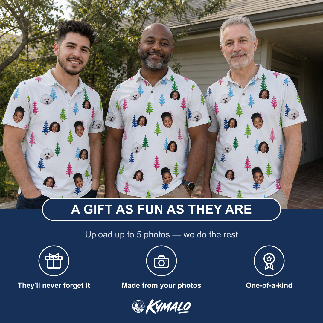 Friends in matching Men's Cedar Caddie Custom Face Polo Shirt — a group gift photo