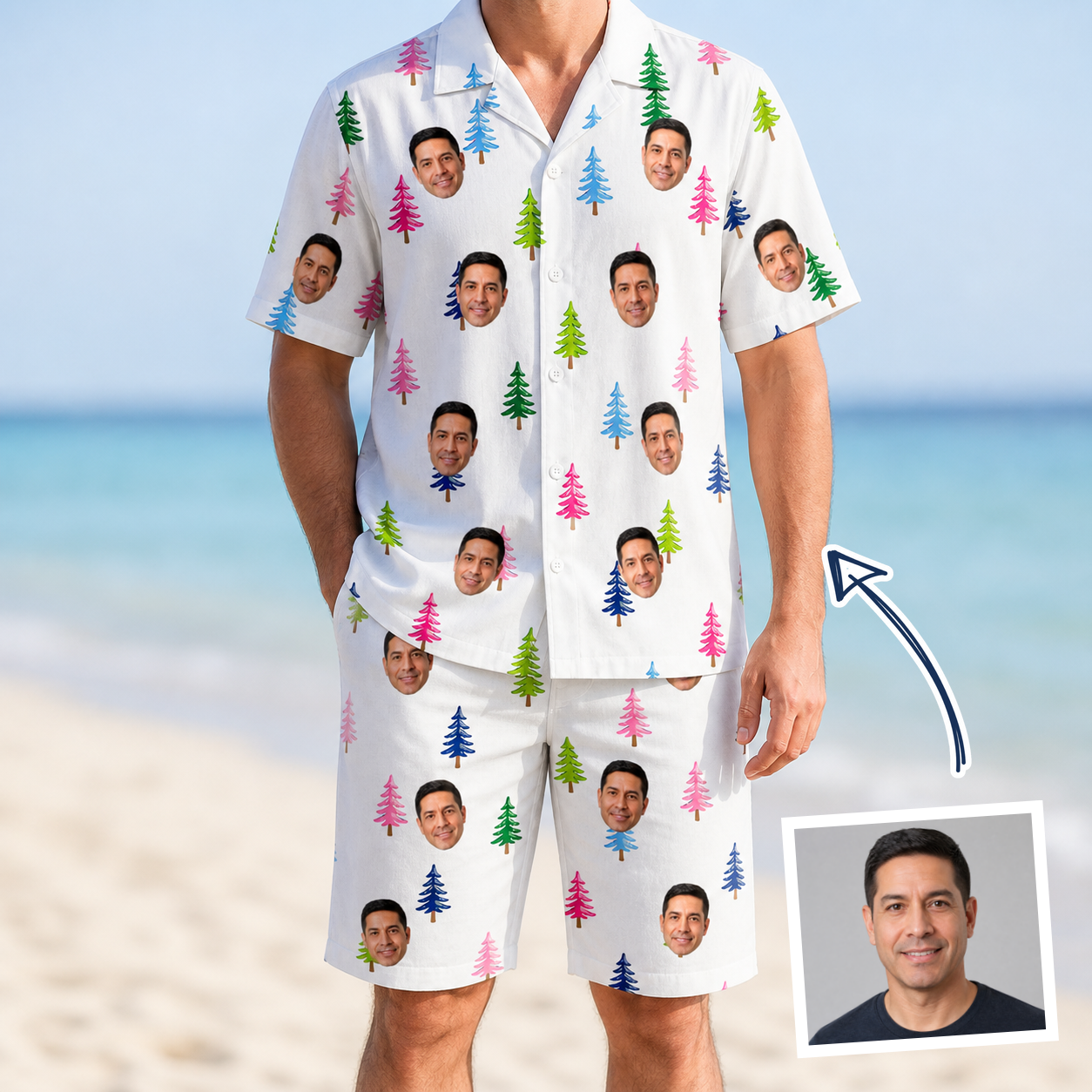 Man wearing Men's Cedar Caddie Custom Face Shirt & Shorts Set — custom faces printed all-over
