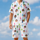 Model wearing Men's Cedar Caddie Custom Face Shirt & Shorts Set printed with kids' faces