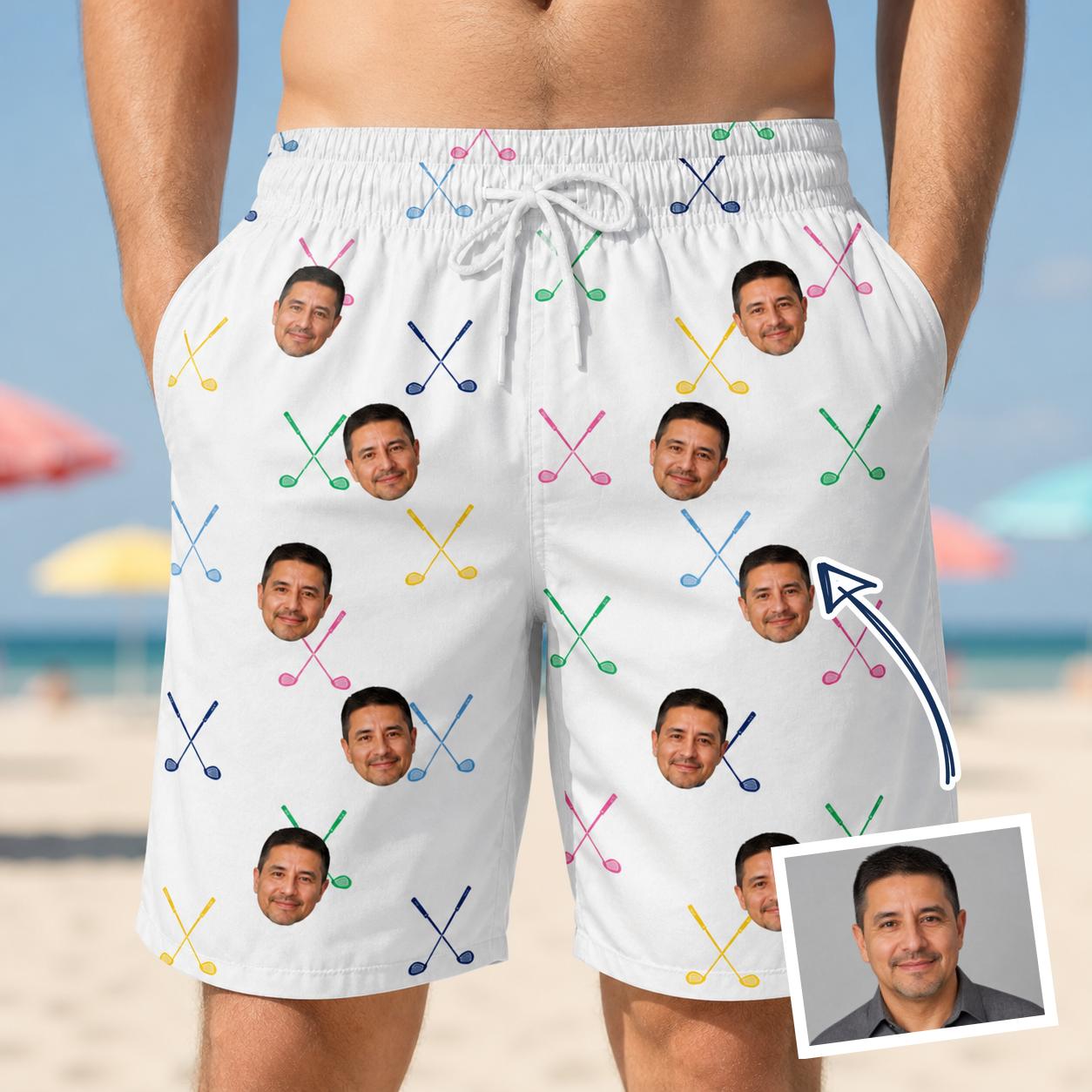 Man wearing Men's Swing Symphony Custom Face Beach Shorts — custom faces printed all-over