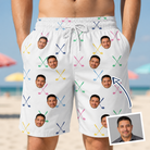 Man wearing Men's Swing Symphony Custom Face Beach Shorts — custom faces printed all-over