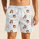 Model wearing Men's Swing Symphony Custom Face Beach Shorts printed with kids' faces