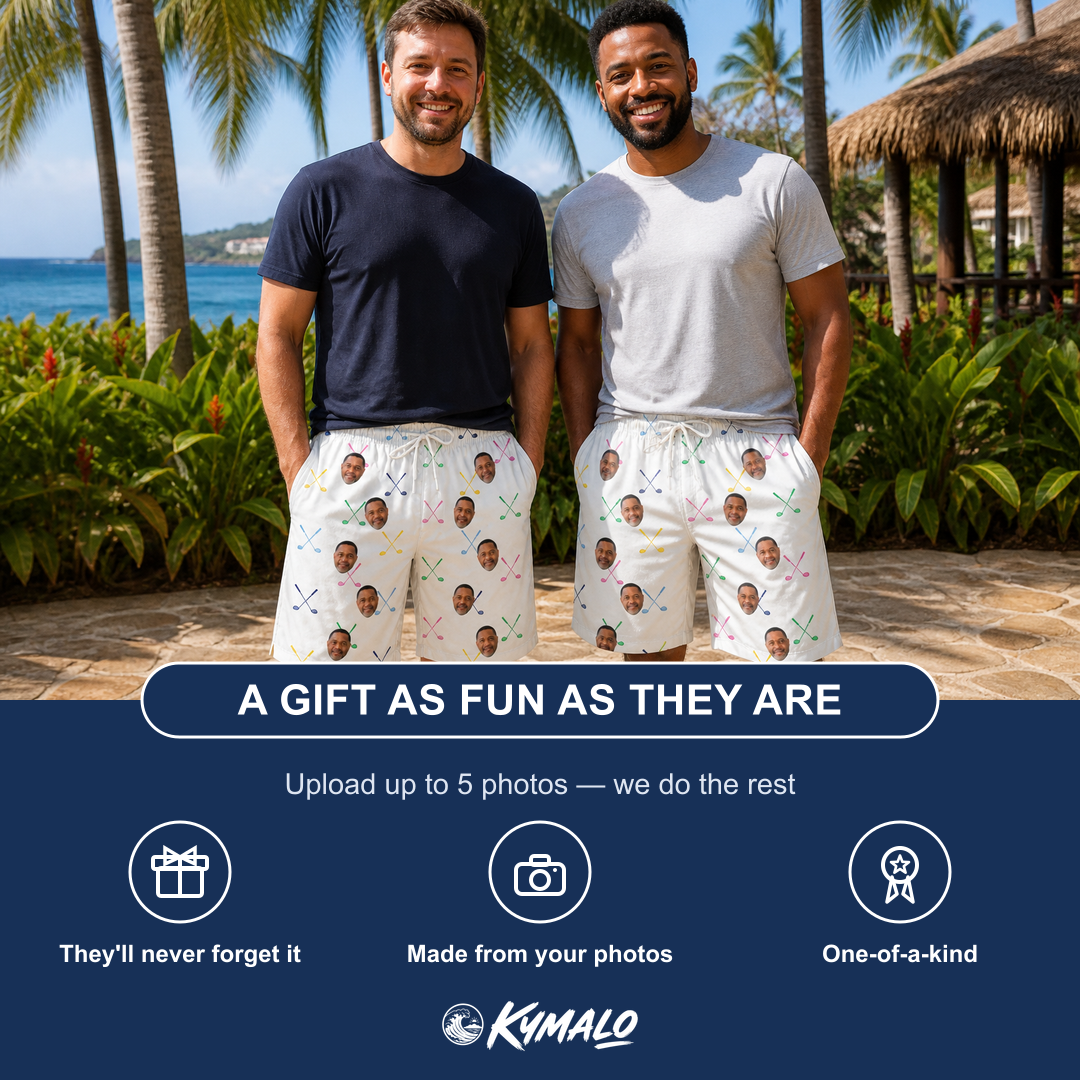 Friends in matching Men's Swing Symphony Custom Face Beach Shorts — a group gift photo