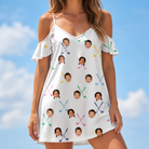 Model wearing Women's Swing Symphony Custom Face Off-Shoulder Dress printed with kids' faces