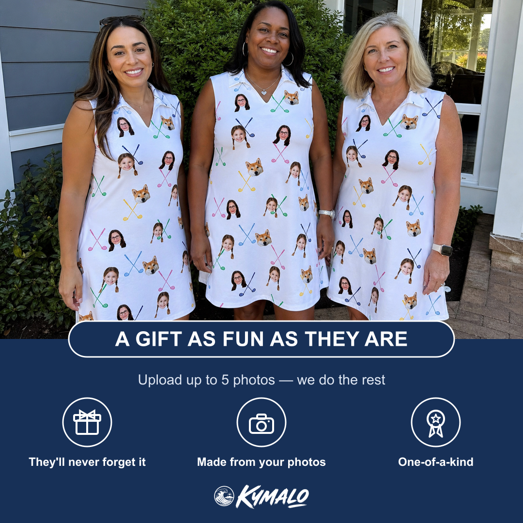 Friends in matching Women's Swing Symphony Custom Face V-Neck Dress — a group gift photo