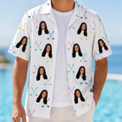 Man wearing Men's Swing Symphony Custom Face Hawaiian Shirt open over a white tee