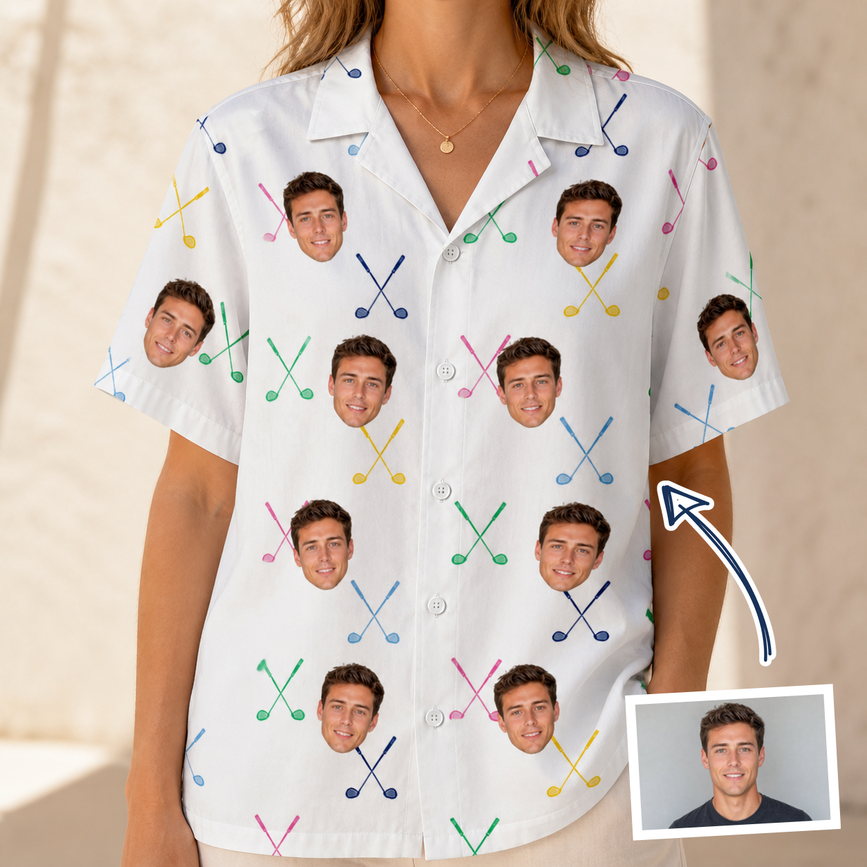 Woman wearing Women's Swing Symphony Custom Face Hawaiian Shirt — custom faces printed all-over