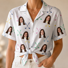 Woman wearing Women's Swing Symphony Custom Face Hawaiian Shirt tied at the waist
