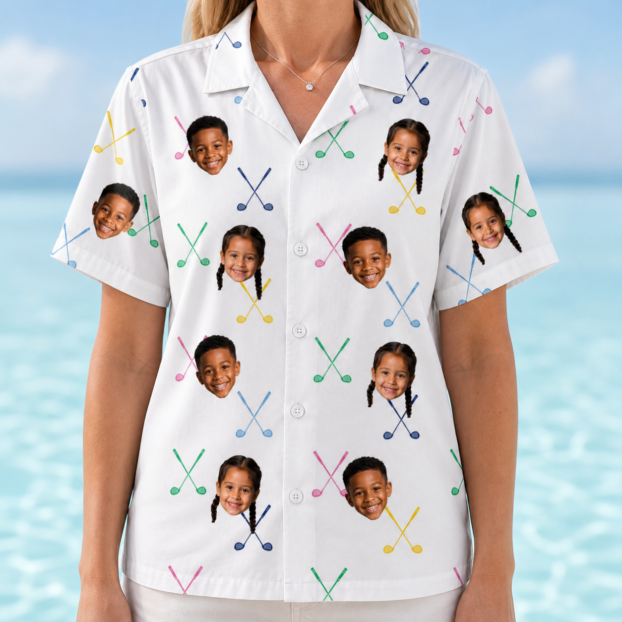 Model wearing Women's Swing Symphony Custom Face Hawaiian Shirt printed with kids' faces