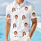 Model wearing Men's Swing Symphony Custom Face Polo Shirt printed with kids' faces