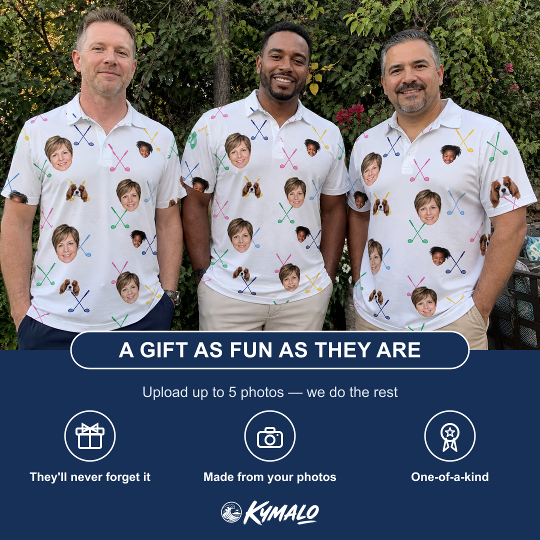 Friends in matching Men's Swing Symphony Custom Face Polo Shirt — a group gift photo