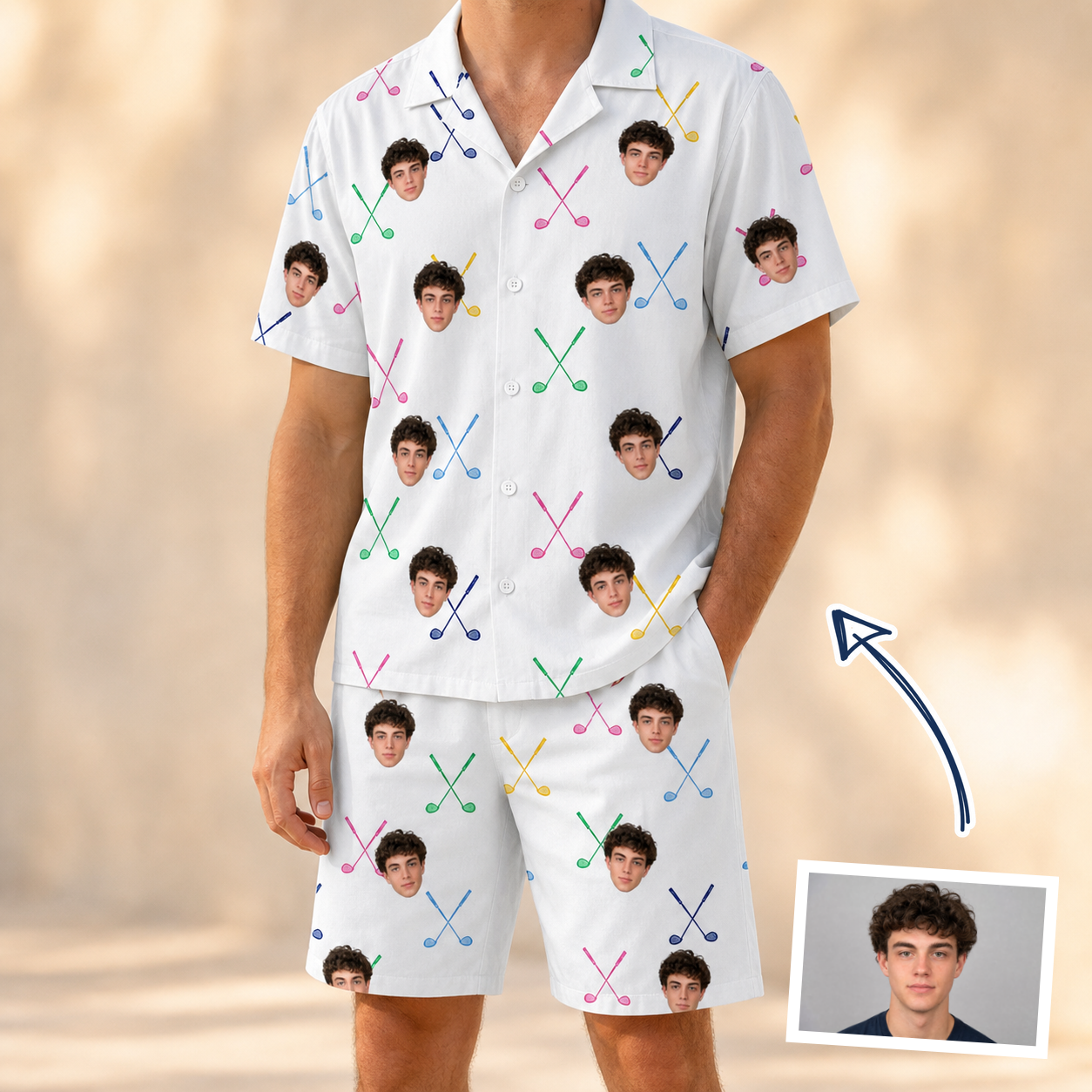 Man wearing Men's Swing Symphony Custom Face Shirt & Shorts Set — custom faces printed all-over