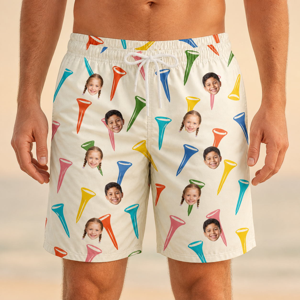 Model wearing Men's Par Pickets Custom Face Beach Shorts printed with kids' faces