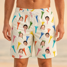 Model wearing Men's Par Pickets Custom Face Beach Shorts printed with kids' faces
