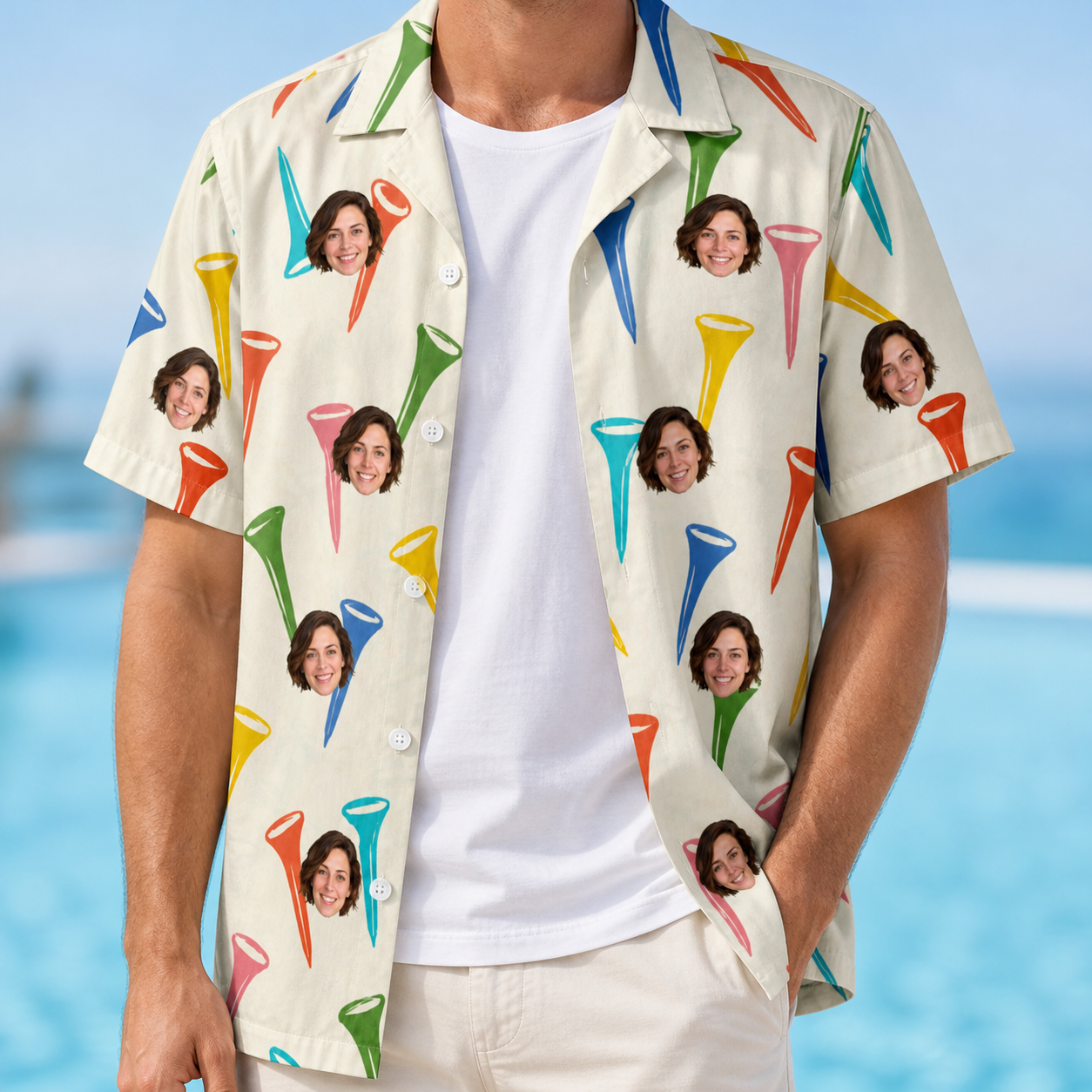 Man wearing Men's Par Pickets Custom Face Hawaiian Shirt open over a white tee