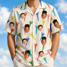 Model wearing Men's Par Pickets Custom Face Hawaiian Shirt printed with kids' faces