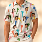 Model wearing Men's Par Pickets Custom Face Polo Shirt printed with kids' faces