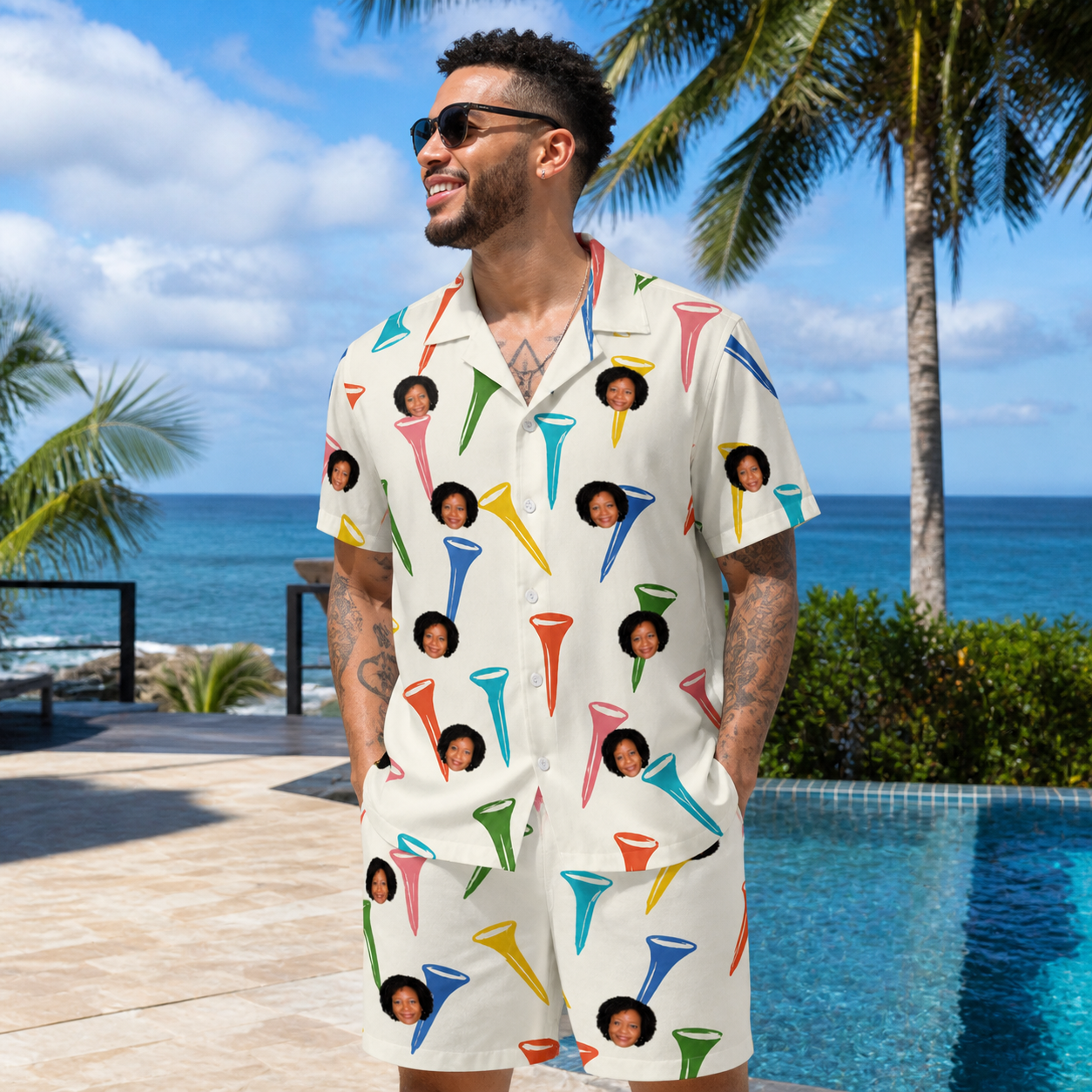 Real-life photo of someone wearing Men's Par Pickets Custom Face Shirt & Shorts Set — custom faces printed all-over