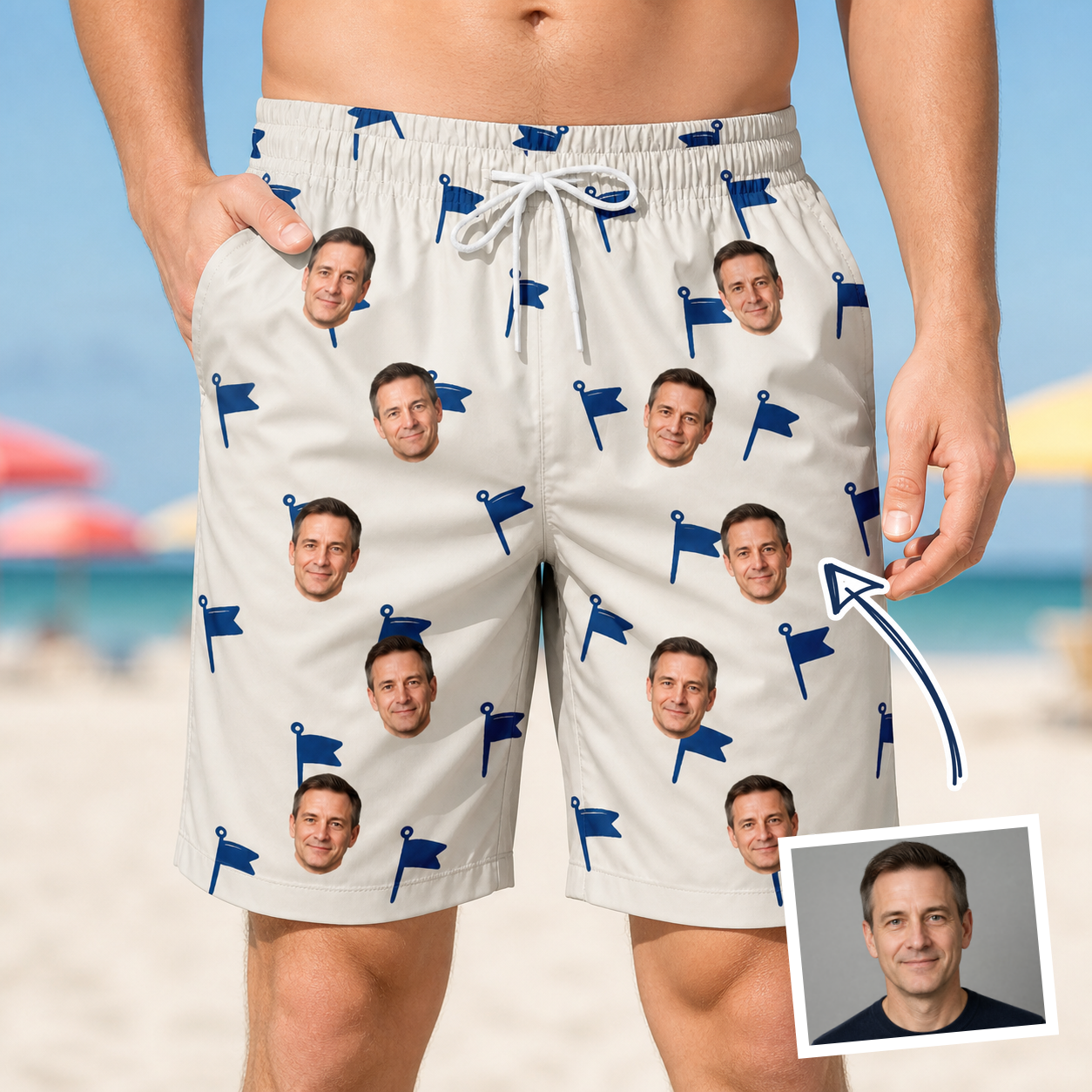 Man wearing Men's Pin High Custom Face Beach Shorts — custom faces printed all-over
