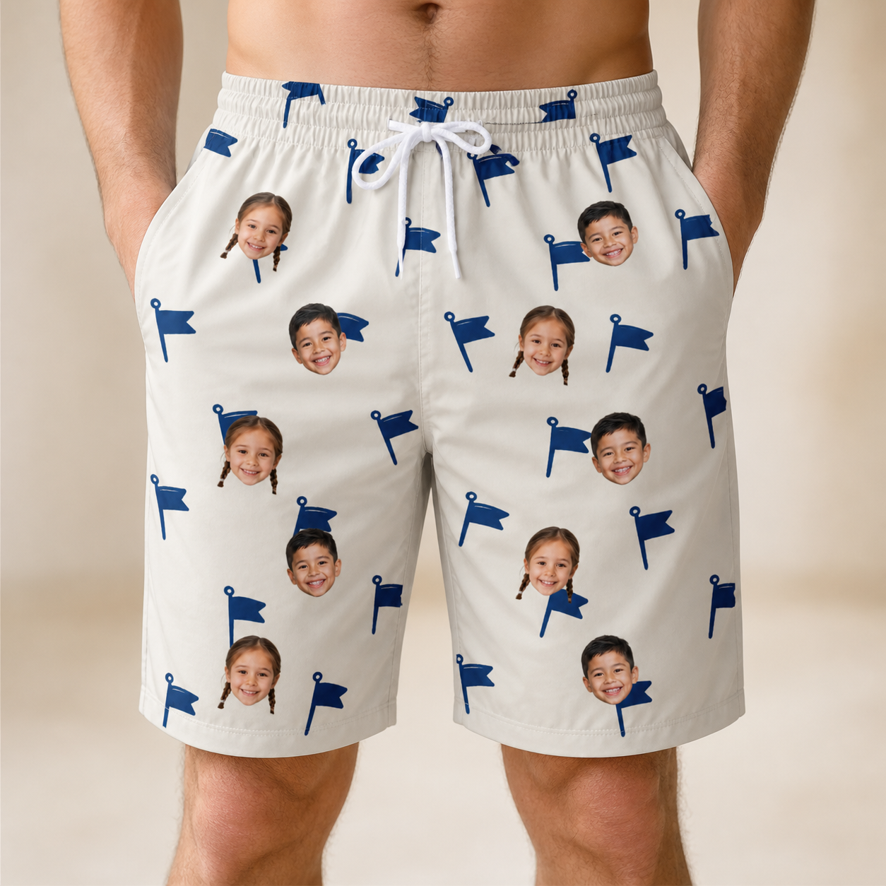 Model wearing Men's Pin High Custom Face Beach Shorts printed with kids' faces