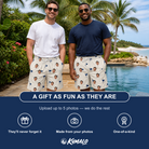 Friends in matching Men's Pin High Custom Face Beach Shorts — a group gift photo