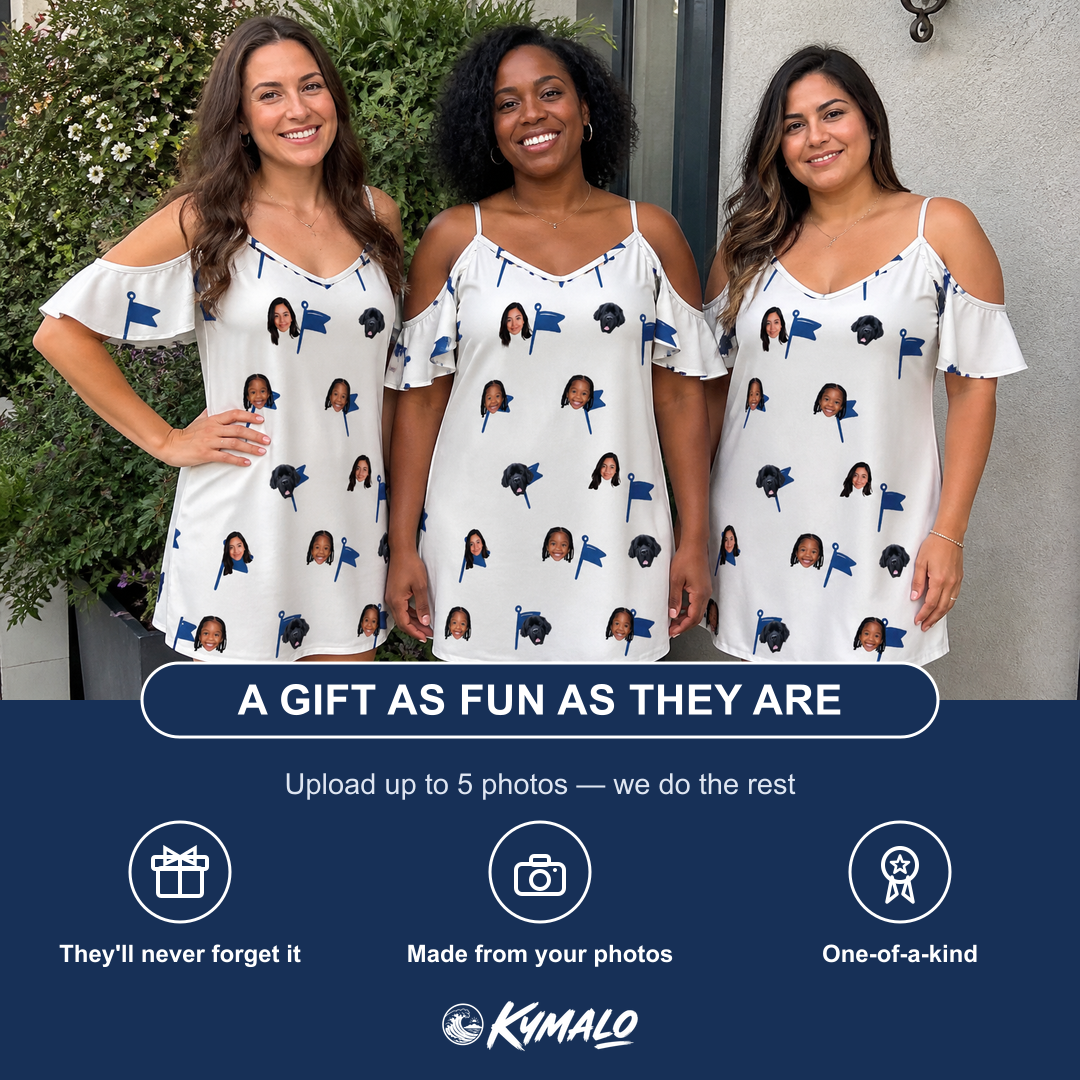 Friends in matching Women's Pin High Custom Face Off-Shoulder Dress — a group gift photo