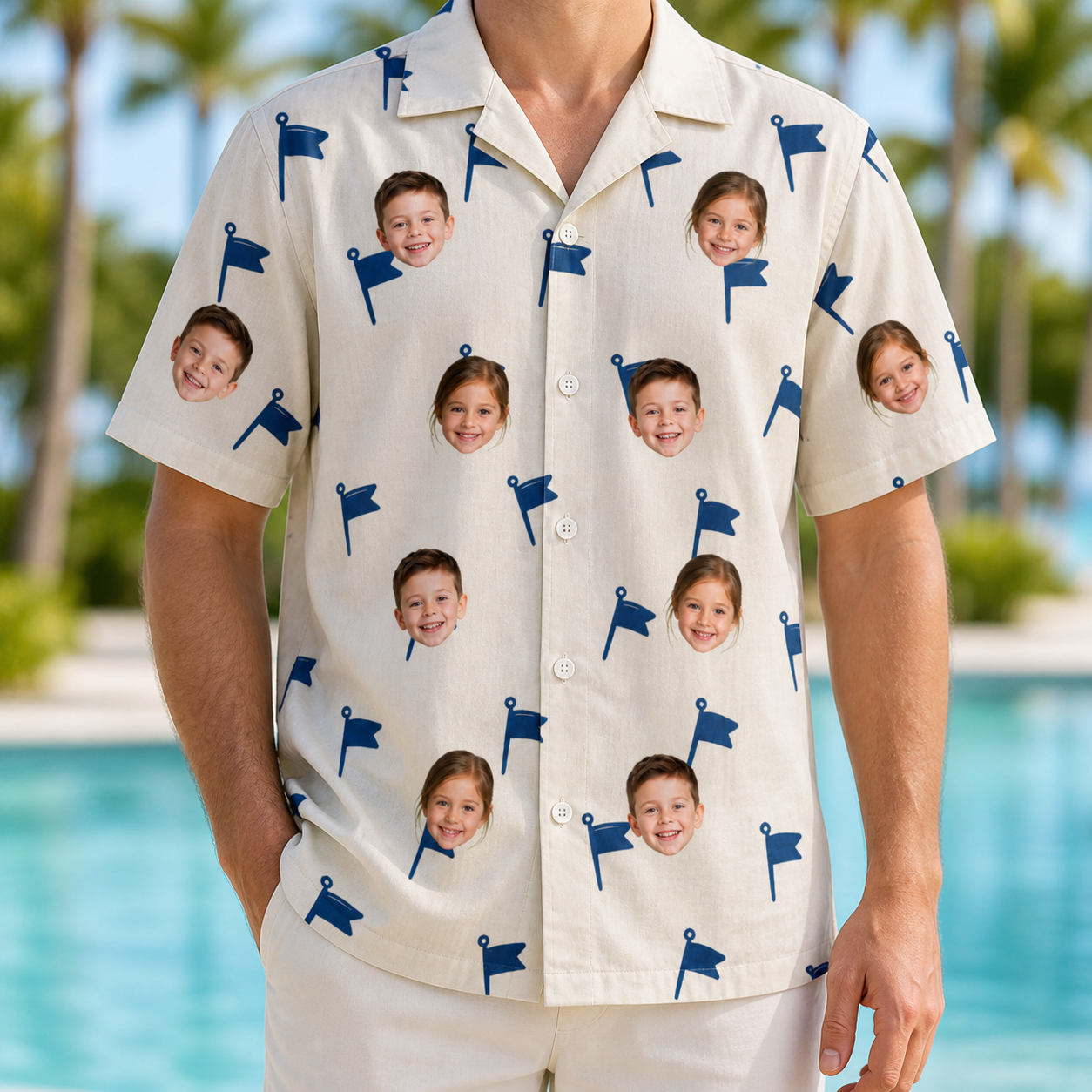 Model wearing Men's Pin High Custom Face Hawaiian Shirt printed with kids' faces
