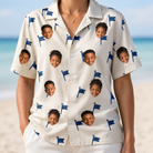 Model wearing Women's Pin High Custom Face Hawaiian Shirt printed with kids' faces