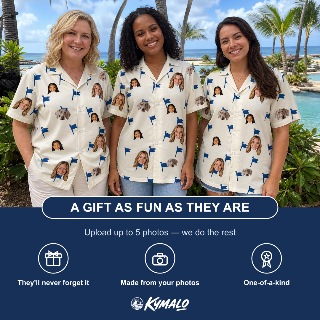 Friends in matching Women's Pin High Custom Face Hawaiian Shirt — a group gift photo