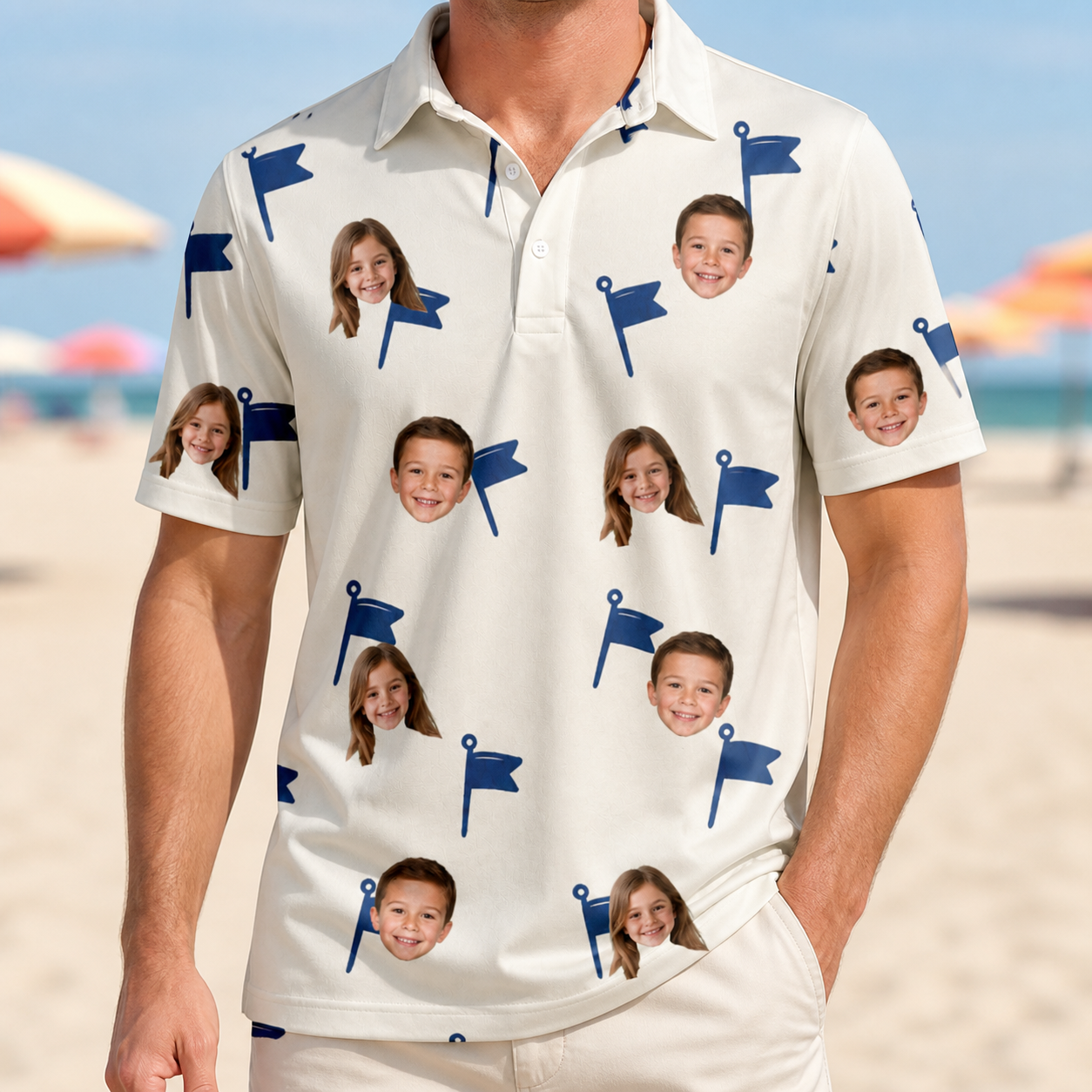 Model wearing Men's Pin High Custom Face Polo Shirt printed with kids' faces