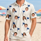 Model wearing Men's Pin High Custom Face Polo Shirt printed with kids' faces